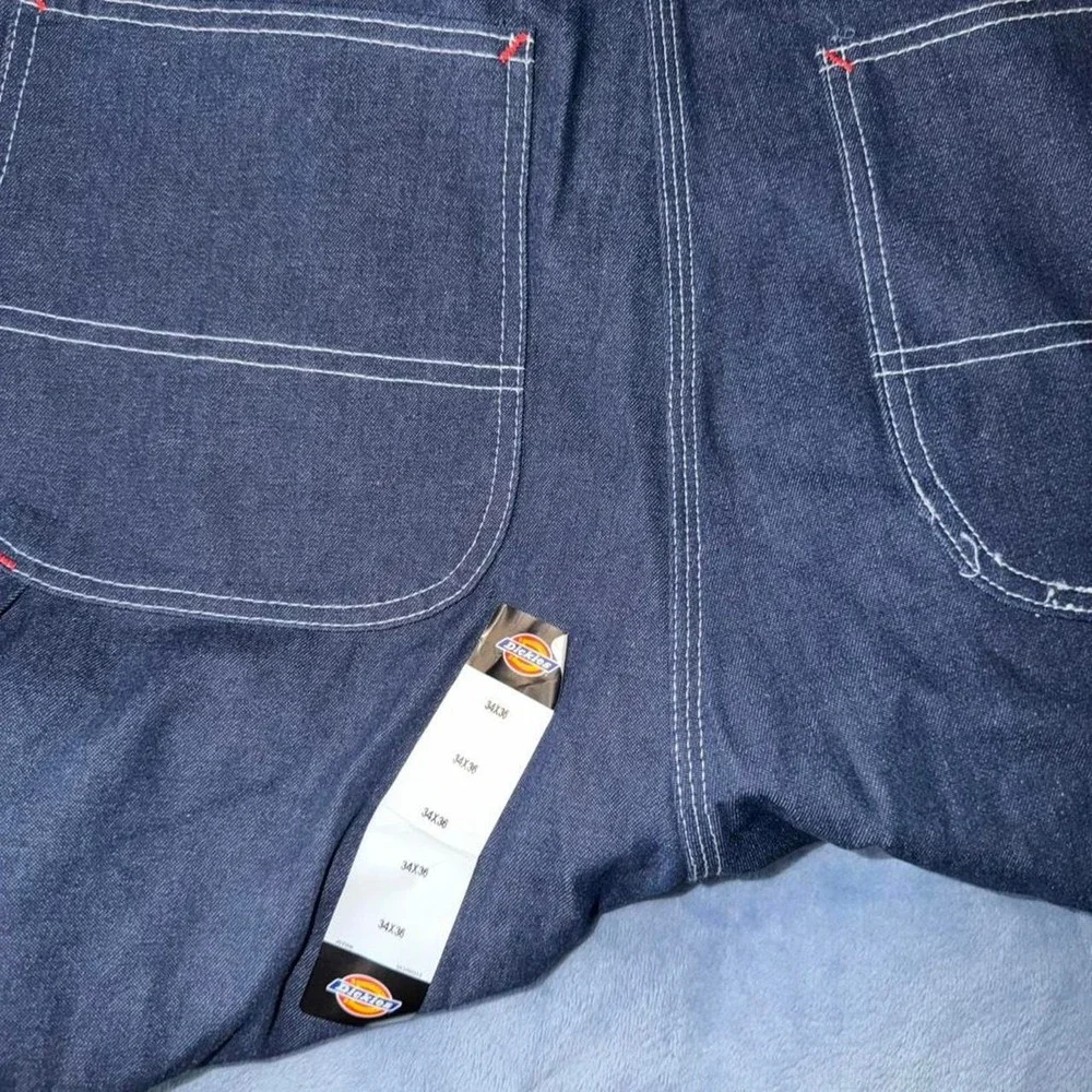 Dickies navy denim overalls with red stitching men size 34x36
